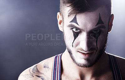 Buy stock photo Face, man and mime for circus performance on dark background with light for stage, creativity and entertainment. Portrait, mime and performer with face paint or tattoo for show and creativity 
