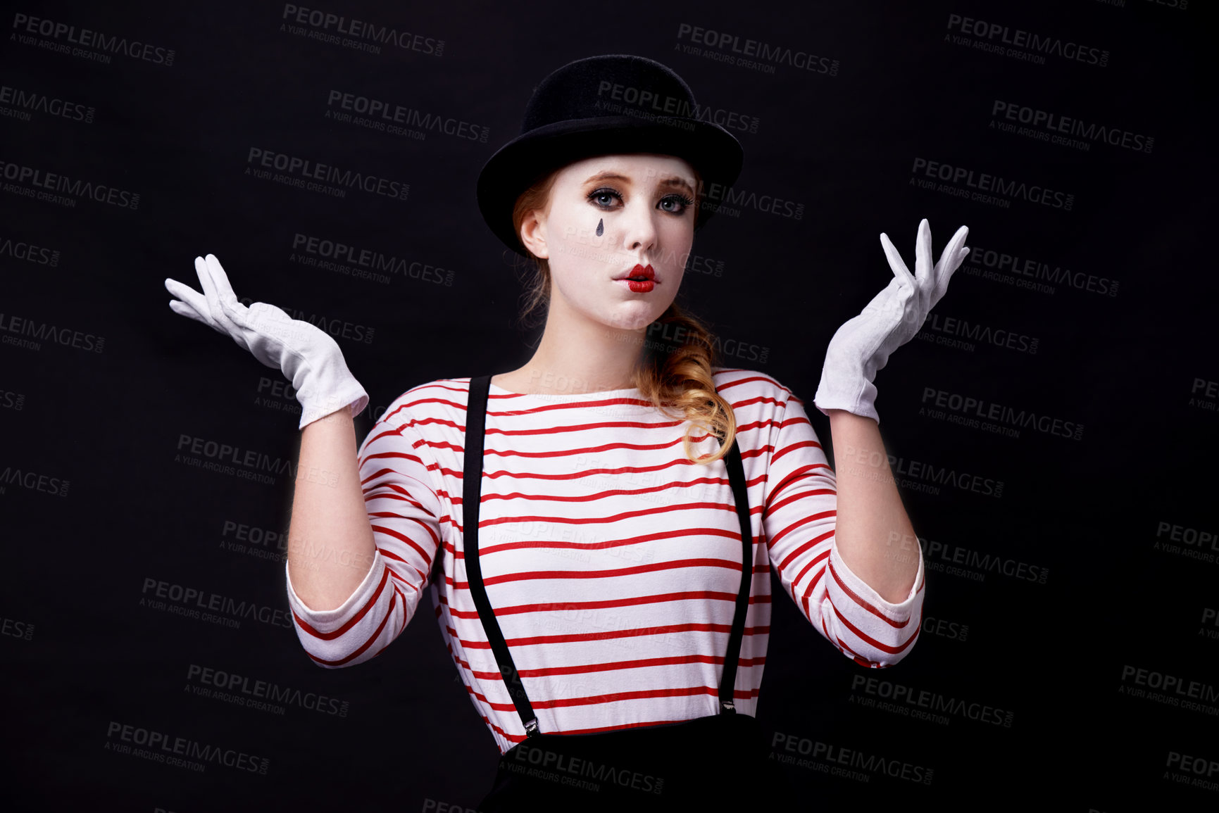 Buy stock photo Woman, costume and mime for performance in studio on dark background with creative makeup for entertainment and artist. Portrait, female person and outfit with hands up as circus performer. 