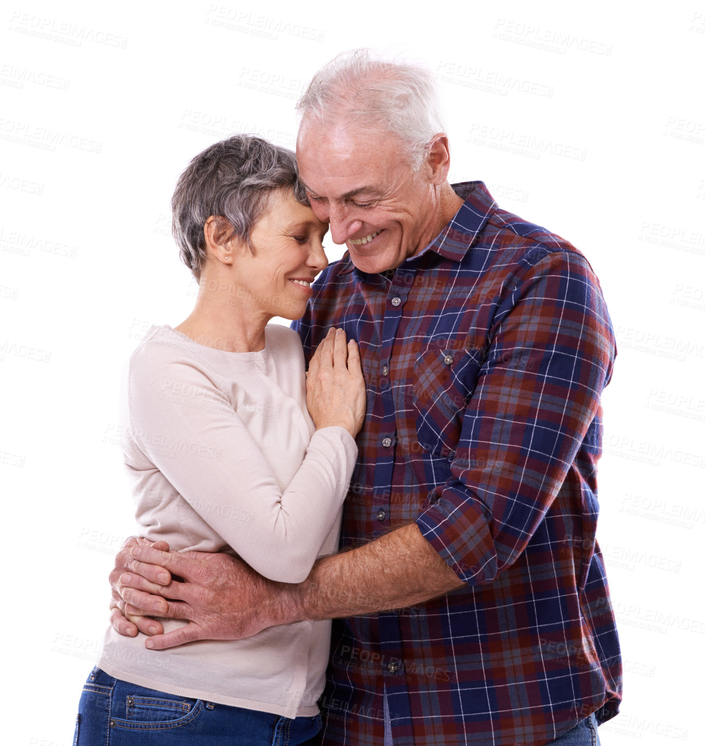 Buy stock photo Happy, hug and senior couple on a white background for bonding, affection and loving relationship. Marriage, love and mature man and woman embrace for commitment, trust and care in studio together