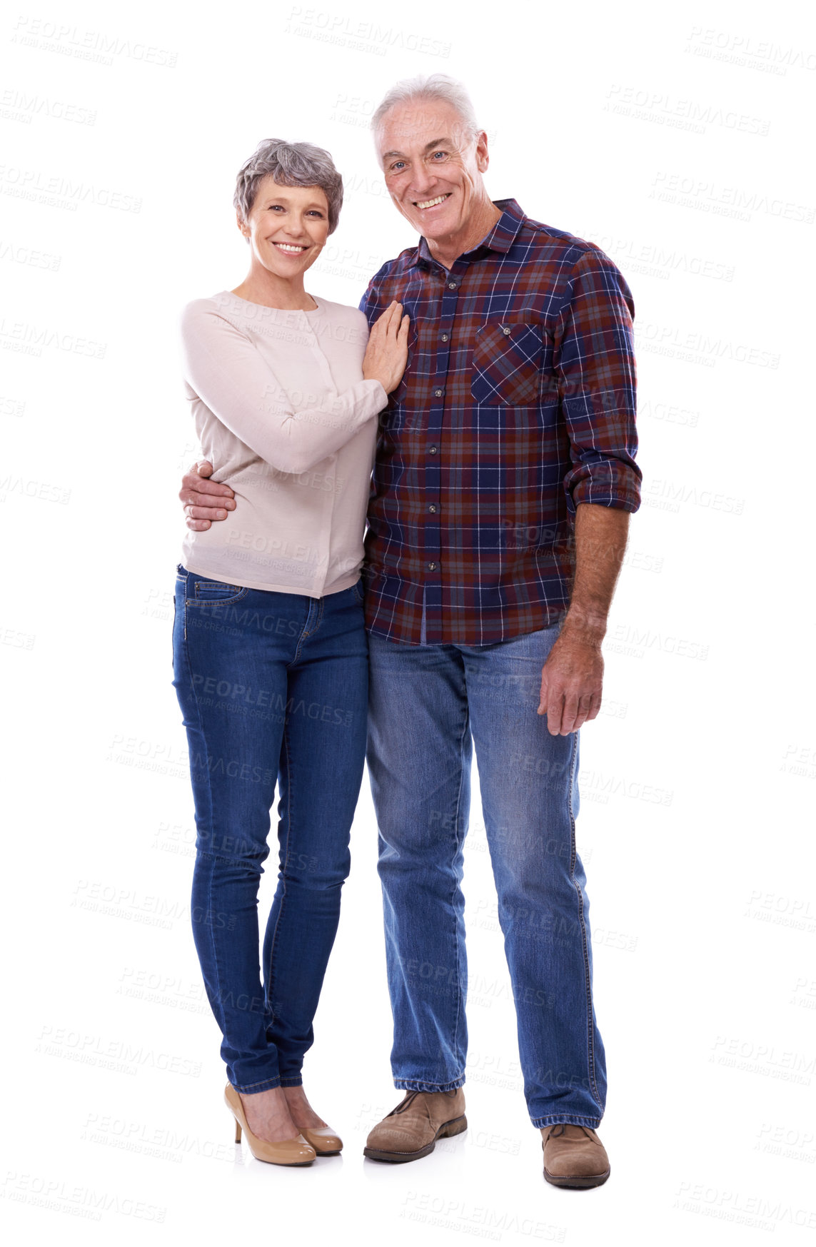 Buy stock photo White background, hug and portrait of senior couple for bonding, affection and loving relationship. Marriage, happy and mature man and woman embrace for commitment, trust and care in studio together