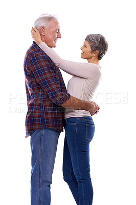Buy stock photo Love, hug and senior couple in studio for bonding, affection and loving relationship. Marriage, happy and mature man and woman embrace for commitment, trust and care on a white background together
