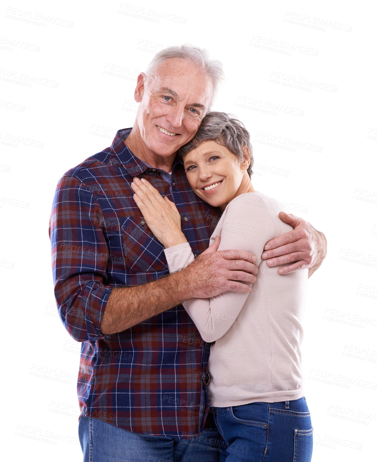 Buy stock photo Portrait, hug and senior couple on a white background for bonding, affection and loving relationship. Marriage, happy and mature man and woman embrace for commitment, love and care in studio together