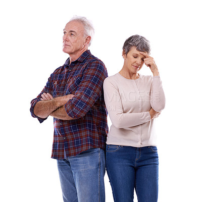 Buy stock photo Upset, unhappy and senior couple in studio for stressed, frustrated and marriage problems with white background. Retirement, elderly man and woman for angry, erectile dysfunction and annoyed