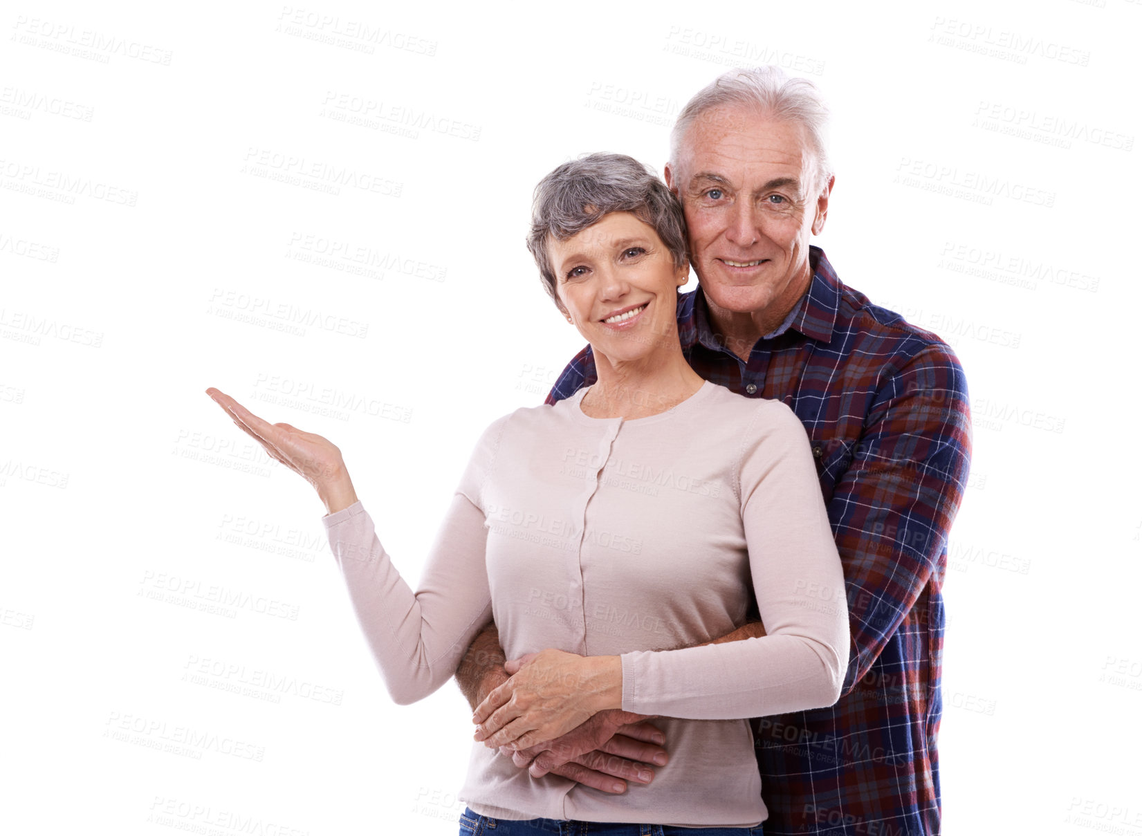 Buy stock photo Portrait, hug and old couple with love, retirement and happiness isolated on a white studio background. Showing, face and senior man with mature woman or embrace with promotion and bonding together