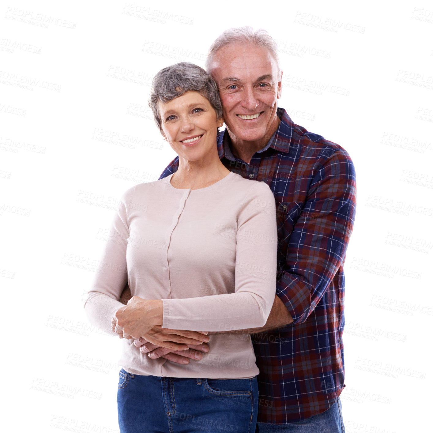 Buy stock photo Portrait, hug and mature couple on a white background for bonding, affection and loving relationship. Marriage, happy and senior man and woman embrace for commitment, love and care in studio together