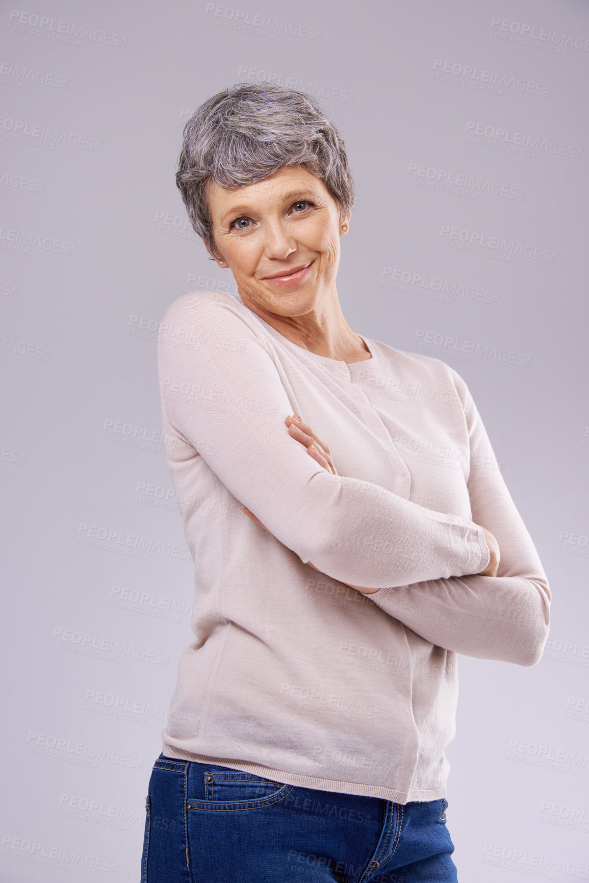Buy stock photo Mature woman, smile and portrait in studio for blouse, comfort and relax for break and retirement. Pensioner and happy with jersey for winter wear and ease for peace and rest on white background