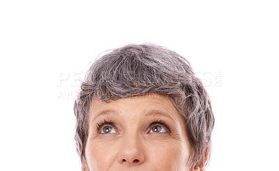 Buy stock photo Thinking, eyes and senior woman in studio with mockup for faq, brainstorming or promo on white background. Questions, planning and old lady model curious about announcement, information or deal offer