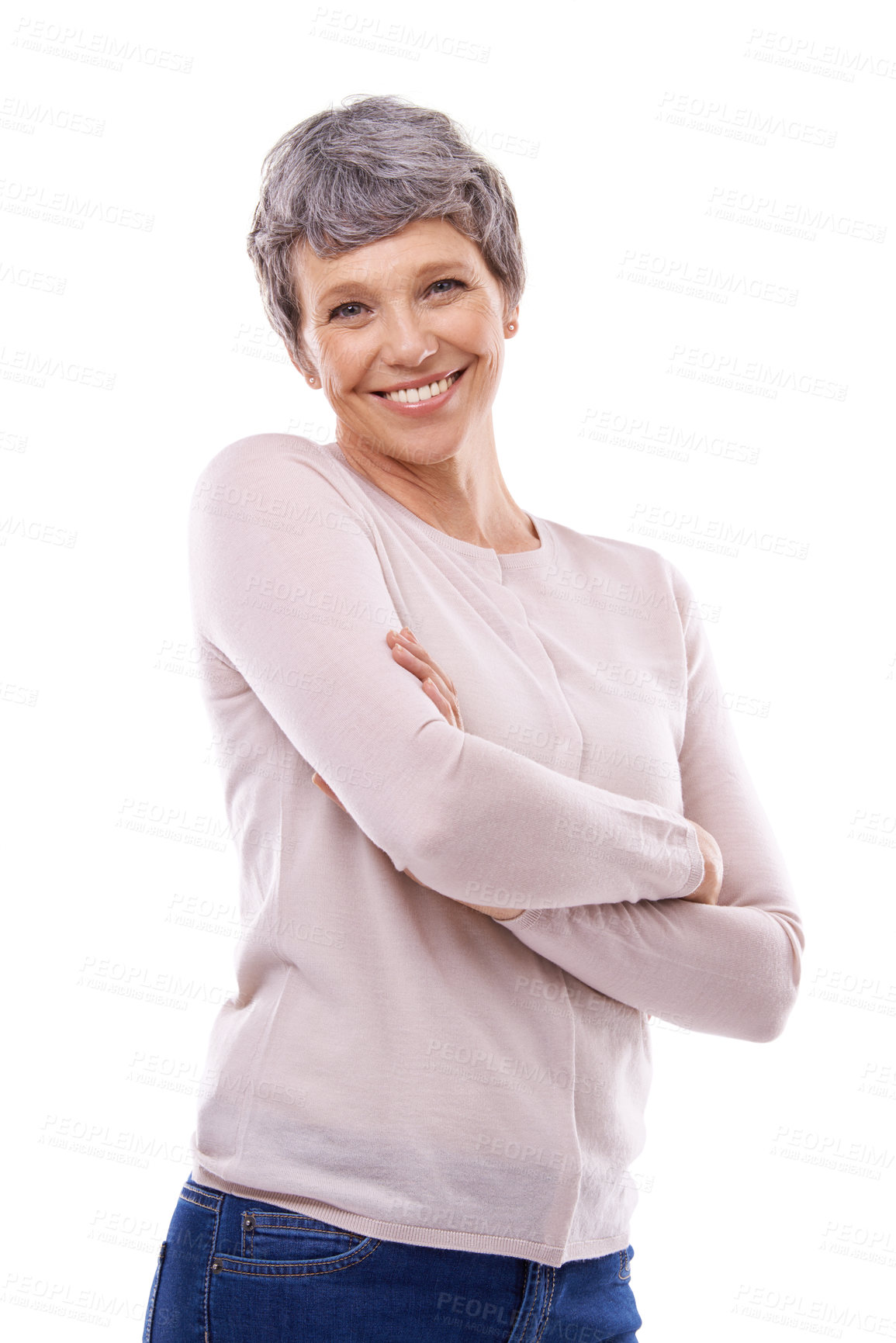 Buy stock photo Smile, arms crossed and portrait of senior woman in studio with happiness, confidence and joy on white background. Retirement, fashion and elderly female person for aesthetic, style and clothing