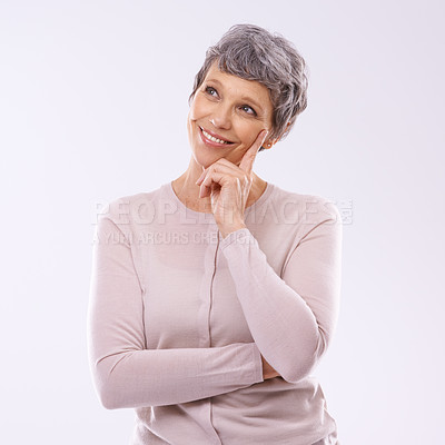 Buy stock photo Thinking, smile and senior woman in studio for faq, brainstorming or problem solving on white background. Questions, planning and old lady model curious about announcement, information or deal offer