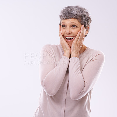 Buy stock photo Wow, surprise and hands on face of old woman in studio with news, promotion or giveaway on white background. Shock, happy and excited senior female model with omg emoji for competition announcement