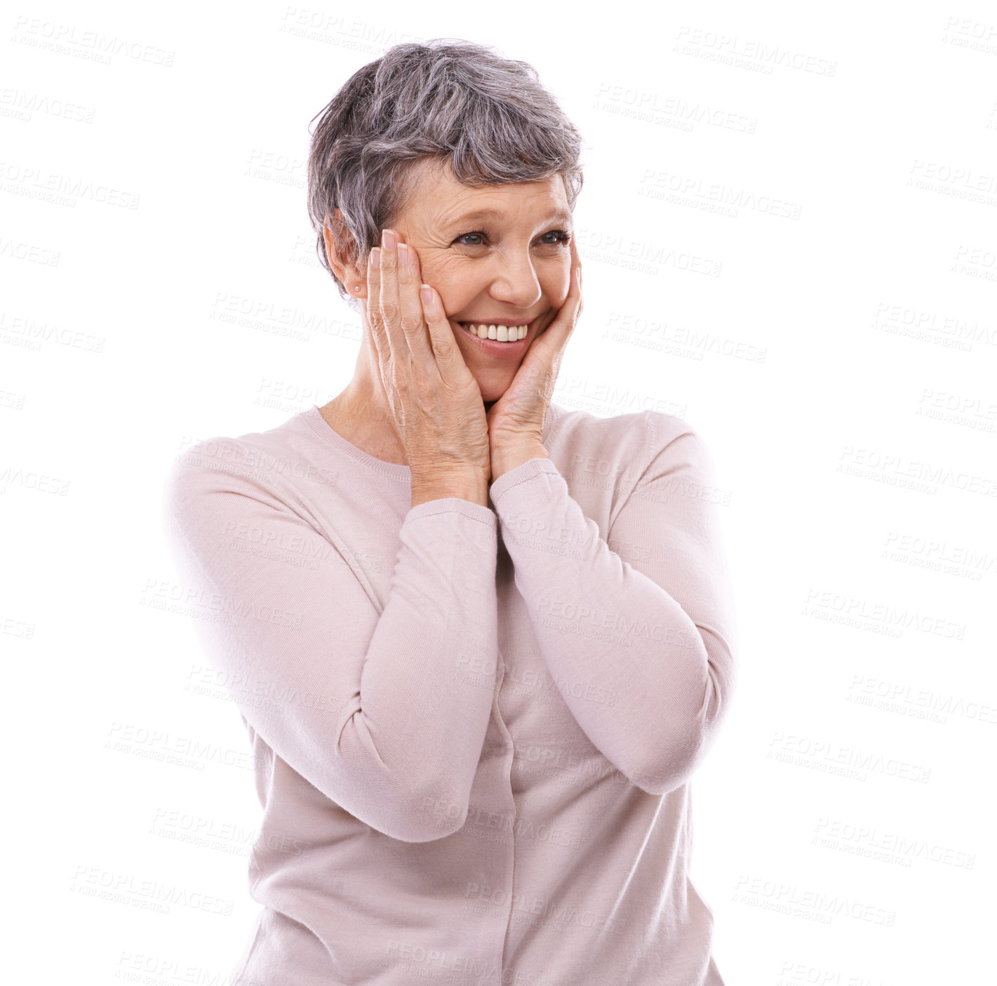 Buy stock photo Surprise, wow and hands on face of old woman in studio with news, promotion or giveaway on white background. Shock, happy and excited senior female model with omg emoji for competition announcement
