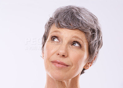 Buy stock photo Idea, thinking and senior woman in studio for faq, brainstorming or problem solving on white background. Questions, planning and old lady model curious about announcement, information or deal offer