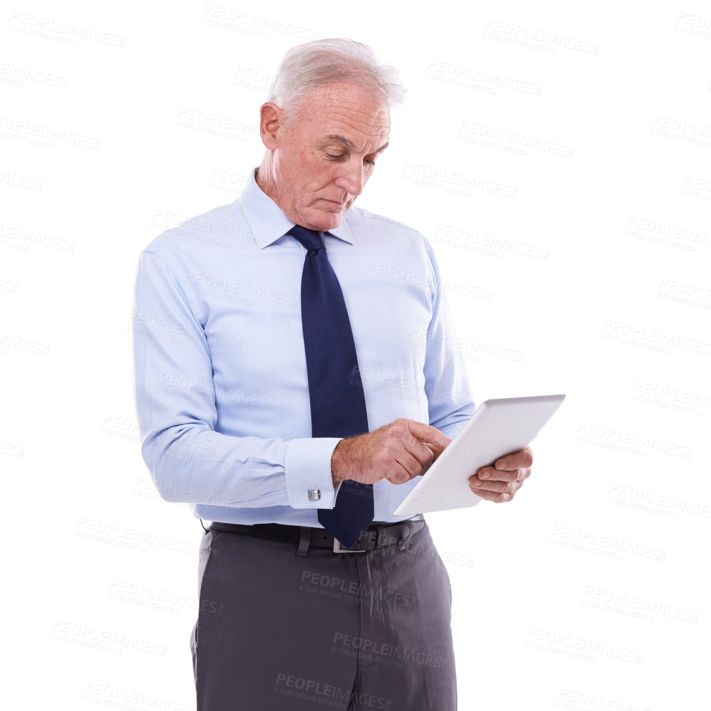 Buy stock photo Typing, startup and senior man with tablet, business or employee isolated on white studio background. Old person, mockup space or consultant with technology or accountant with finance, app or trading