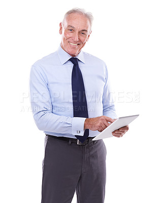 Buy stock photo Typing, portrait and senior man with tablet, business or consultant isolated on white studio background. Old person, mockup space or broker with technology or accountant with finance, app or trading