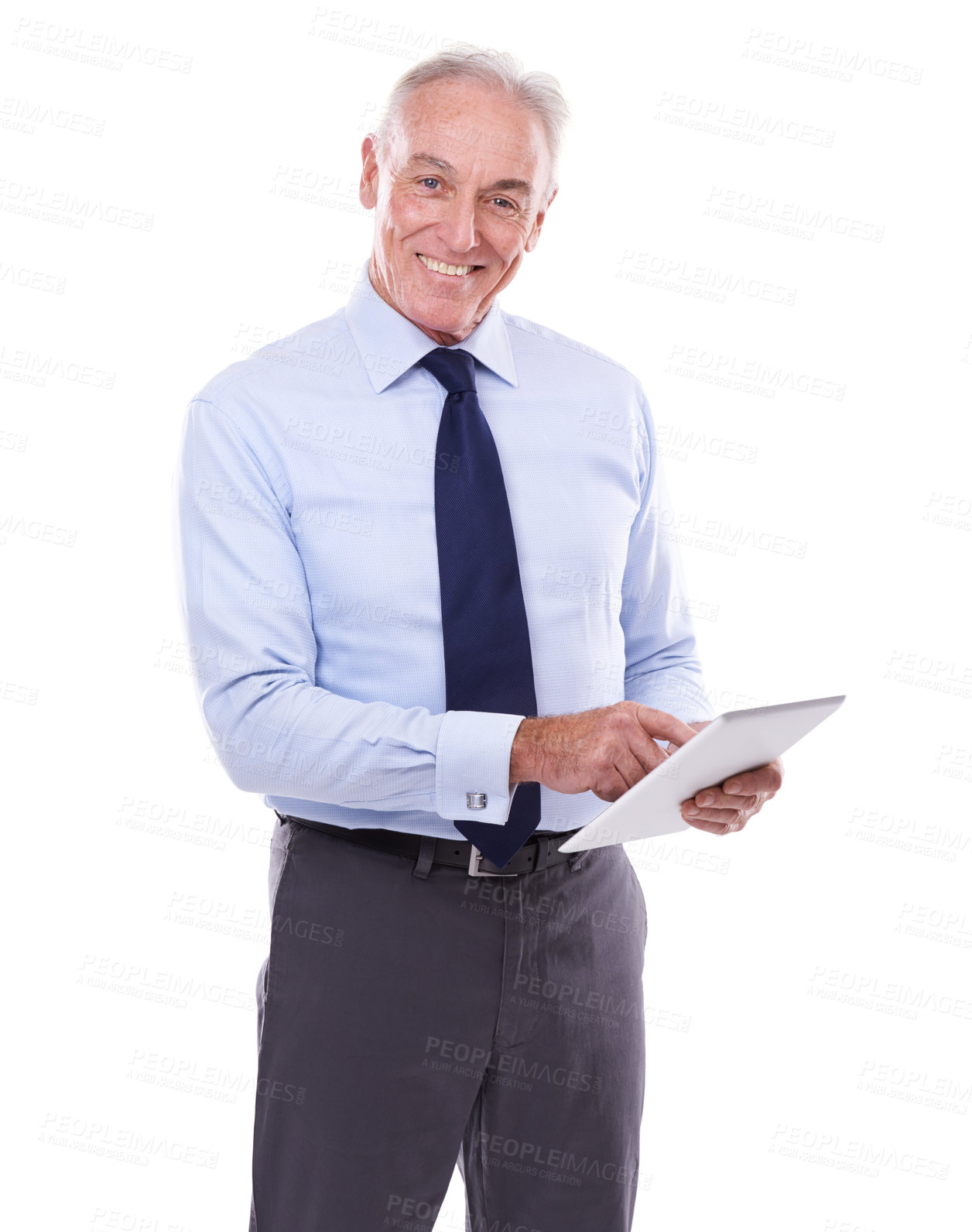 Buy stock photo Typing, portrait and senior man with tablet, business or consultant isolated on white studio background. Old person, mockup space or broker with technology or accountant with finance, app or trading