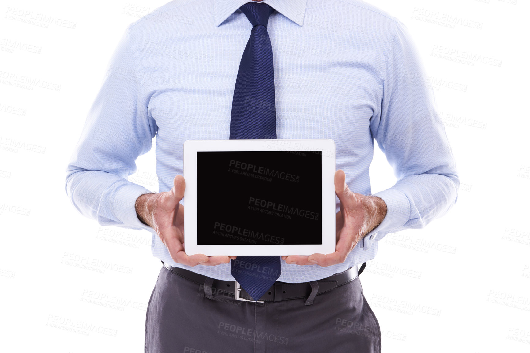 Buy stock photo Tablet, screen or hands of businessman in studio with recruitment, mockup or news on white background. Digital, presentation or closeup of entrepreneur with hiring app, sign up or opportunity offer