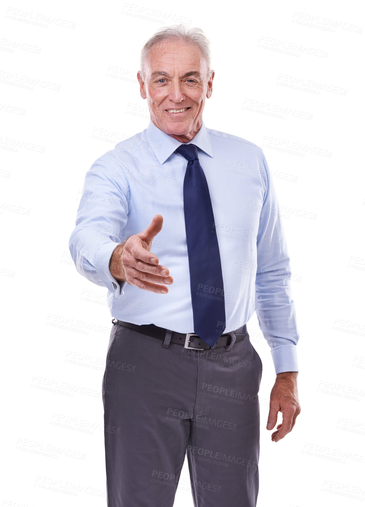 Buy stock photo Handshake, portrait and senior businessman with welcome offer in studio for networking opportunity on white background. B2b, hello or CEO face with shaking hands contract for crm, recruitment or deal
