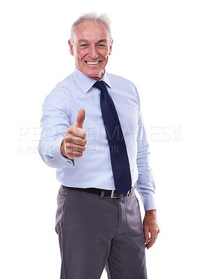 Buy stock photo Portrait, ceo and happy man with thumbs up for business, success or support in studio isolated on a white background. Smile, senior and professional with like hand gesture for agreement or feedback