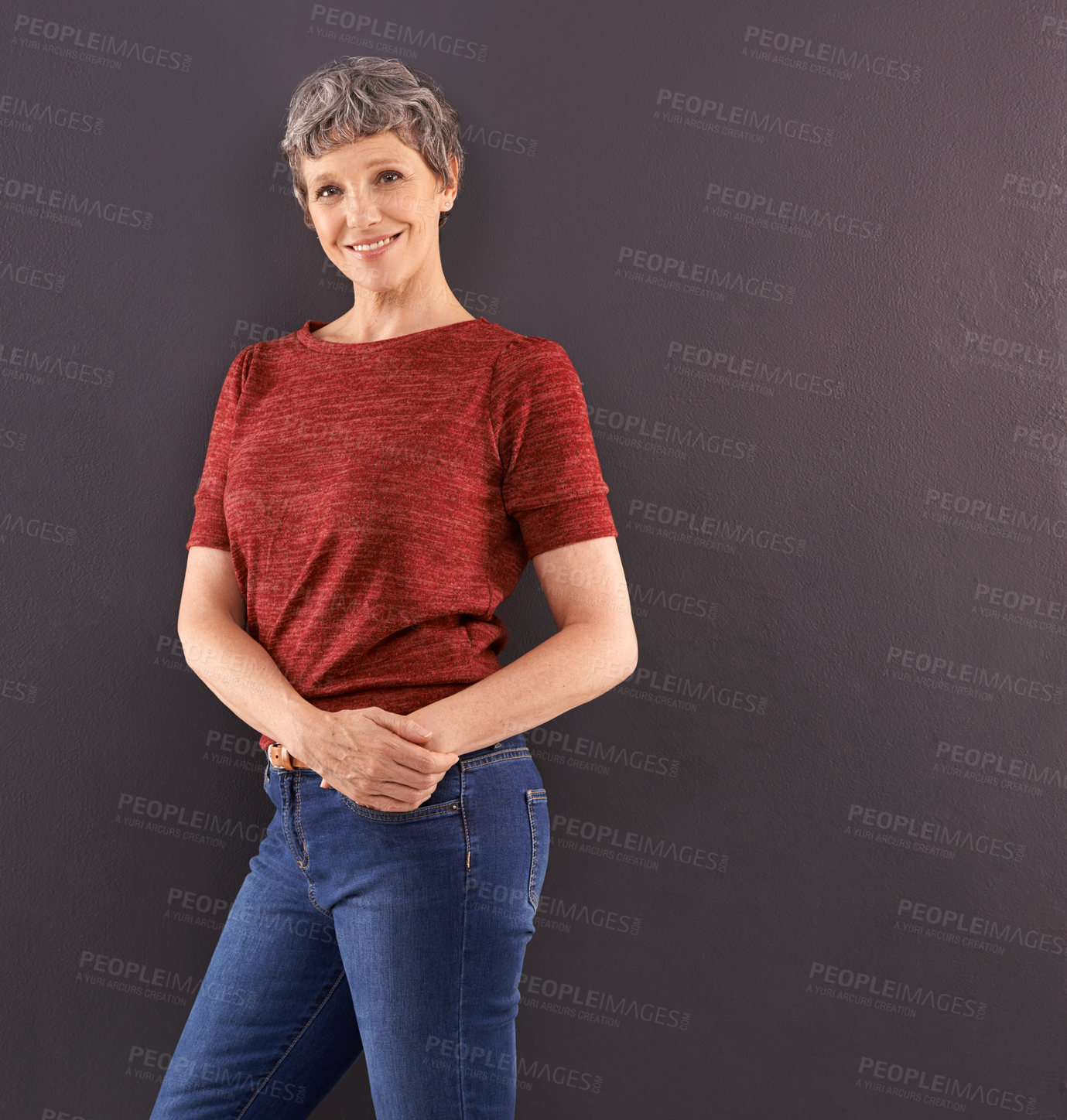 Buy stock photo Portrait, fashion and elderly woman with smile, retirement and confident pensioner on a grey studio background. Face, old person and joyful with stylish clothes and casual outfit with mockup space