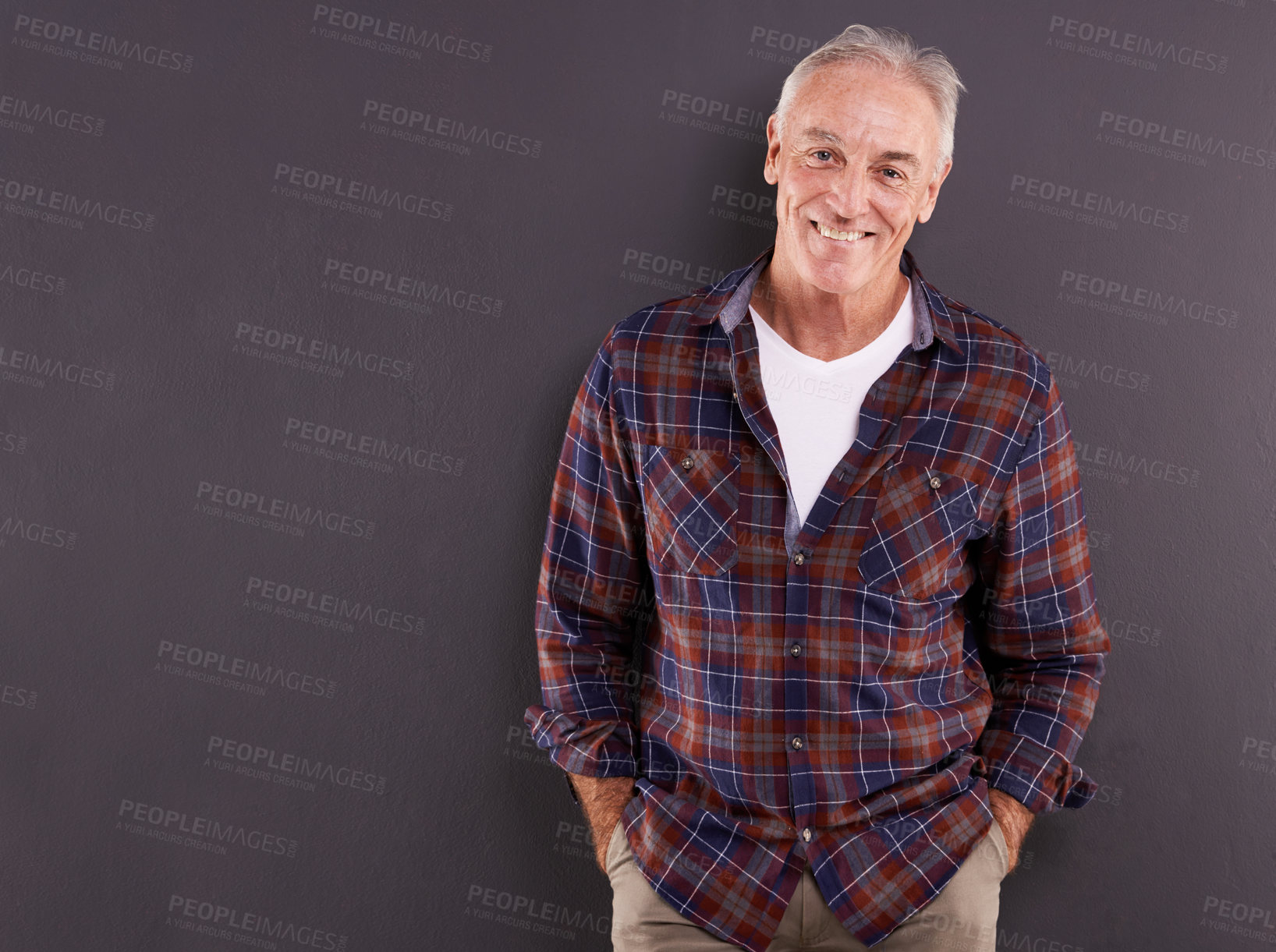 Buy stock photo Senior, fashion or man in portrait with smile, confidence or modern style isolated on grey background. Proud person, casual model or happy mature guy in studio with shirt or cool clothes to relax