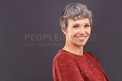 Buy stock photo Portrait, happiness and senior woman with retirement, peace and cheerful on a grey studio background. Face, pensioner and mockup space with cheerful old person and model with confidence and calm