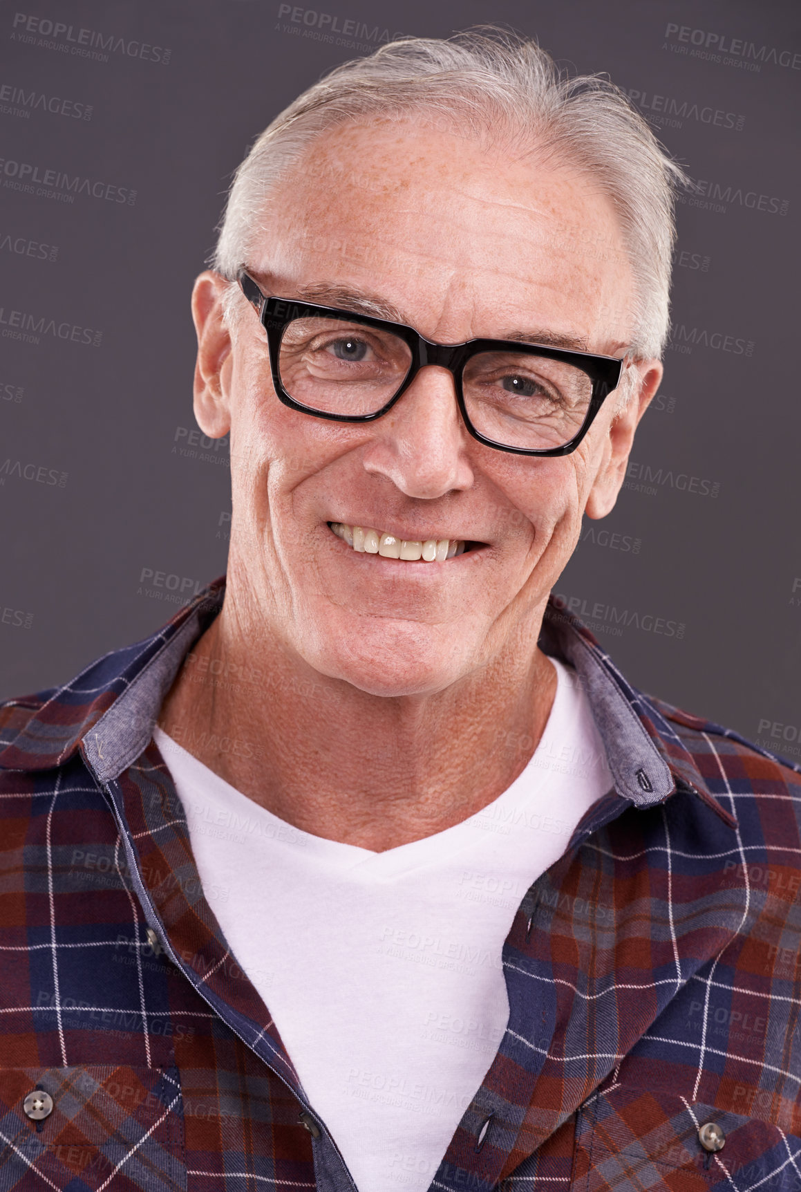 Buy stock photo Mature man, fashion and glasses with smile in studio on background for eyewear, optometry and satisfied. Portrait, happy and style or casual outfit with positivity for retirement and enjoy with laugh