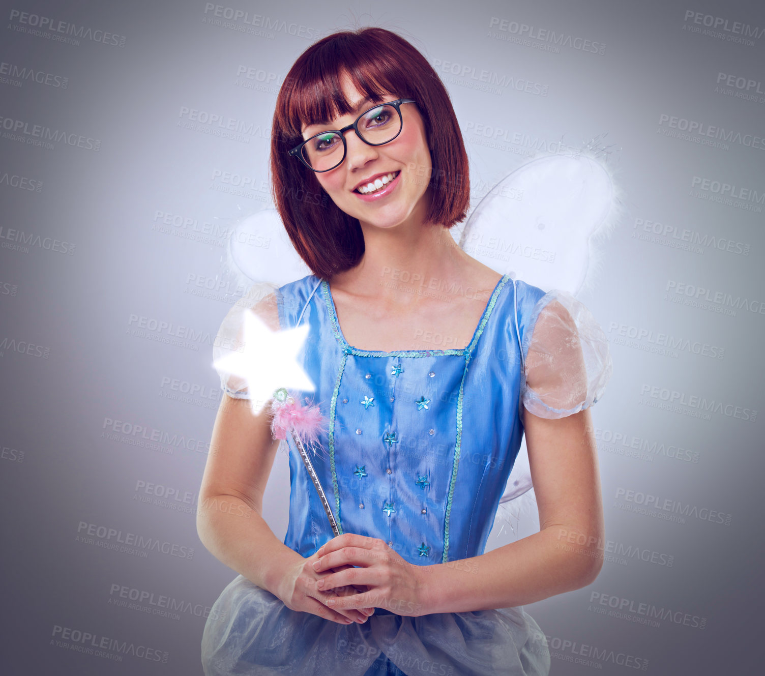 Buy stock photo Studio, fairy and portrait of woman with smile for wand of magic and happiness for fantasy in background. Adult, female person and girl with butterfly wings, dress and model with joy and mystical