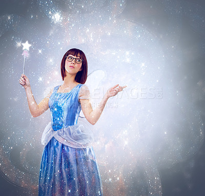 Buy stock photo Studio, princess and woman with wand for magic, happiness and looking for wishes for fantasy in background. Adult, female person and girl with butterfly wings, dress and model with joy and mystical