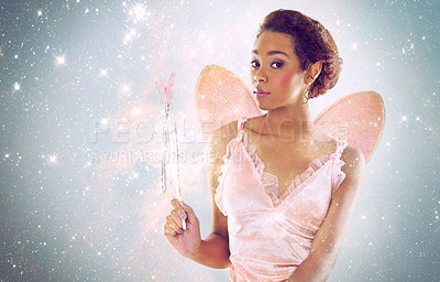 Buy stock photo Woman, fairy and magic with glitter in studio portrait for wand, shine and pride with stars on background. Person, model or girl for fantasy, costume and butterfly wings for story, art and creativity