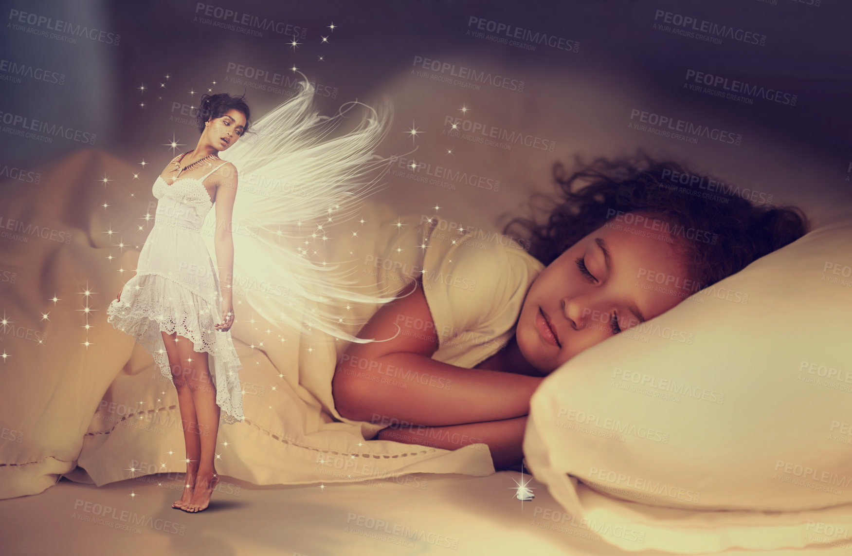 Buy stock photo A cute little girl fast asleep while a fairy looks on