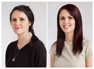 Buy stock photo Transformation, woman and happy with portrait for hair care with cosmetics, hairstyle and makeover with fashion. Person, face and collage for color change with beauty and smile on white background