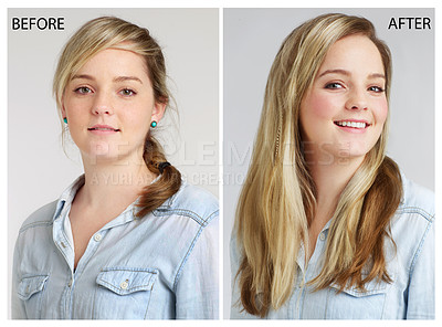Buy stock photo Transformation, woman or smile with portrait for haircare with cosmetic, hairstyle before and after or makeover. Person, face or collage for beauty with keratin treatment or happy on white background