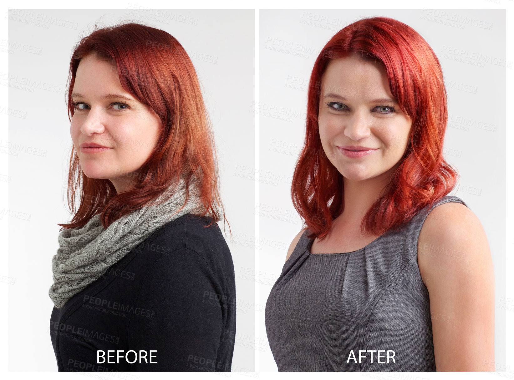 Buy stock photo Transformation, hair and portrait for woman, red and style, keratin treatment for wash. Model, attractive and smile for healthy strand before and after, shampoo and conditioner for color in studio
