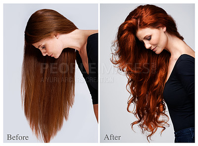 Buy stock photo Transformation, woman and hair before after in salon for hairstyle, keratin or collagen treatment. Redhead, female person and collage for change with cosmetics, healthy and shiny curls as transition