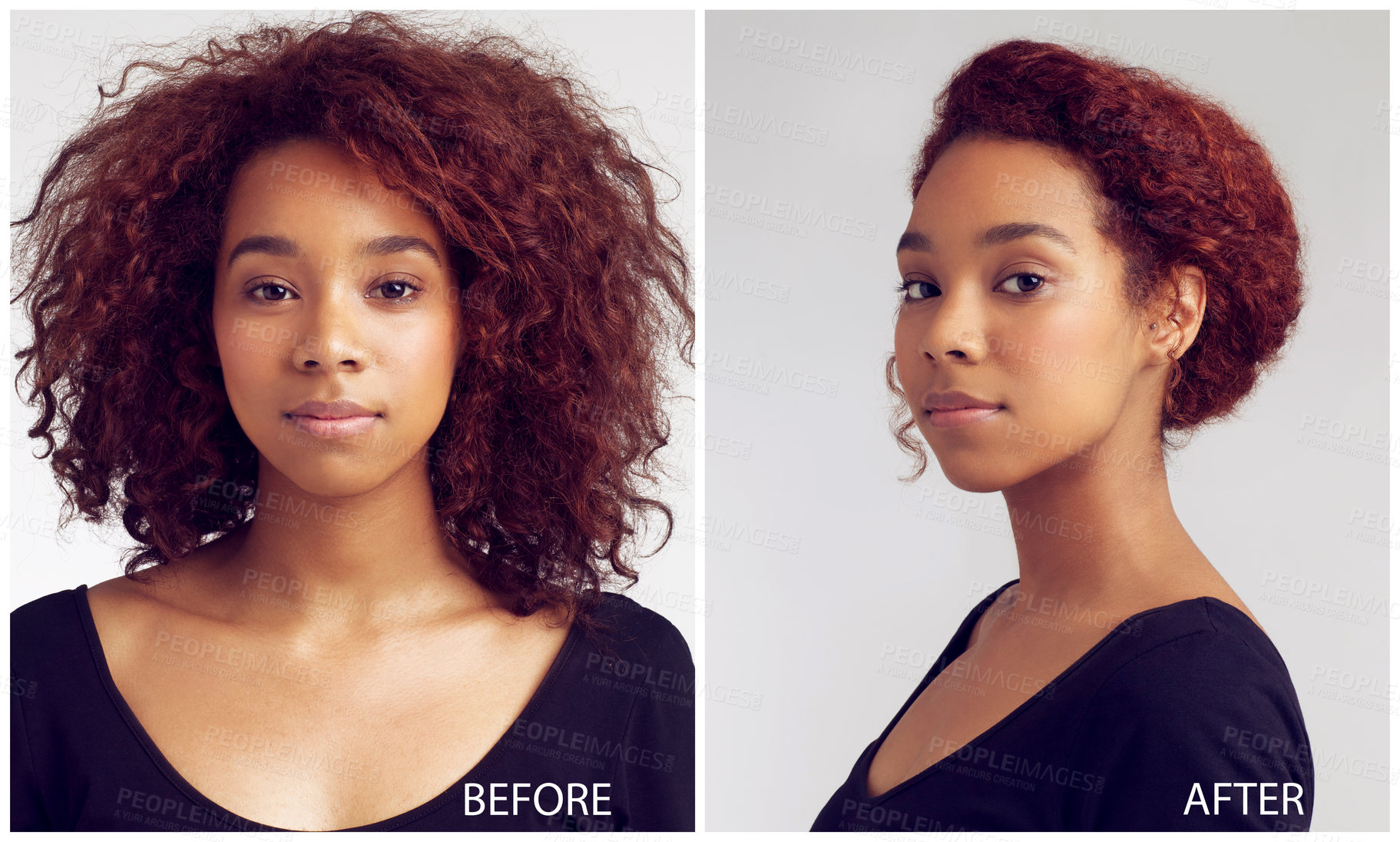 Buy stock photo Transformation, woman and portrait with confidence for hair care with cosmetics, ginger hairstyle or makeover with pride. Person, face and collage for beauty change with treatment on white background