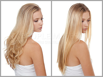 Buy stock photo Transformation, Girl and hair before after in salon for hairstyle, keratin or collagen treatment. Woman or female person and collage comparison for change with cosmetics, care or shine as transition