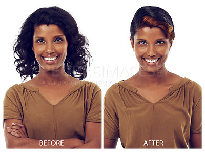 Buy stock photo Makeover, woman or smile with portrait for hair care with cosmetic, hairstyle change or haircut transformation. Indian girl, face or collage for beauty change with color treatment on white background