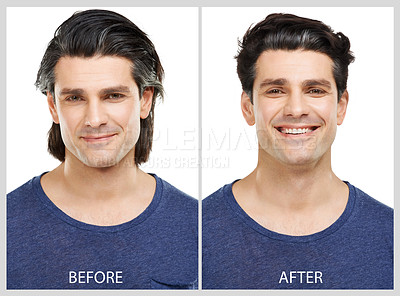 Buy stock photo Transformation, happy man and hair before after in portrait for hairstyle, keratin or collagen treatment. Male person, smile or collage comparison for change with cosmetics, care or shine for haircut