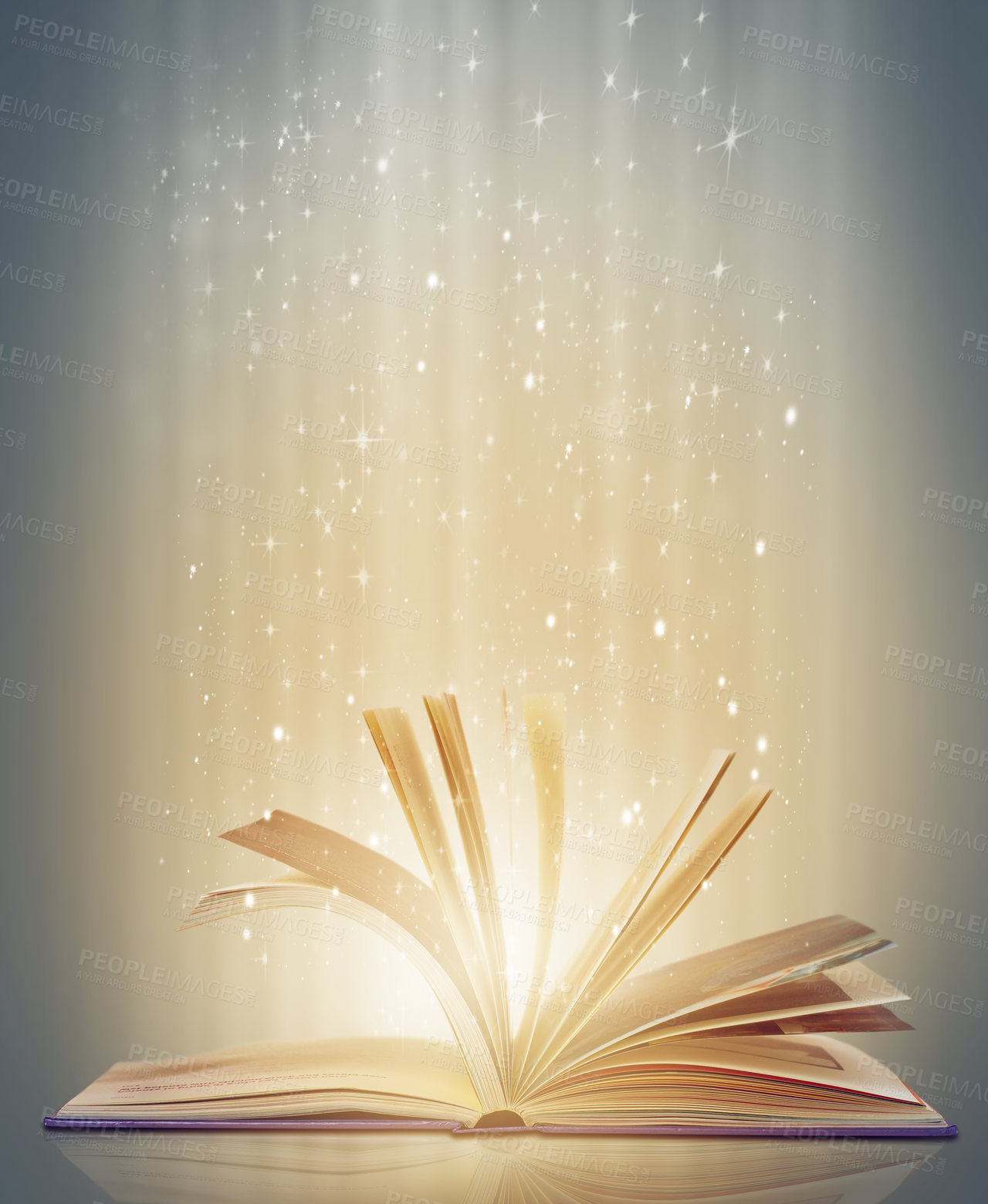 Buy stock photo Magic, glowing pages and story with book, glitter and literature on a grey studio background. Empty, education and art with creativity and lights with novel and knowledge with astrology and sparkle