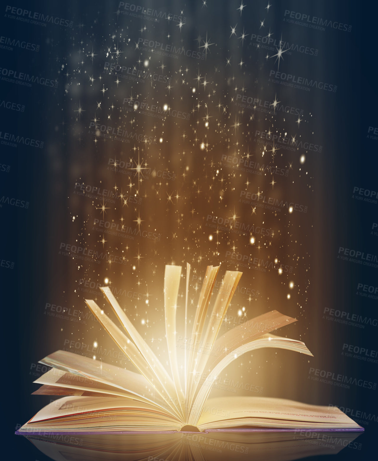 Buy stock photo Book, fairytale and pages for read and story with lights, glowing and sparkle on mockup. Creative novel, glitter and stars for magic, fiction and shimmer for shine and surreal for bright and picture