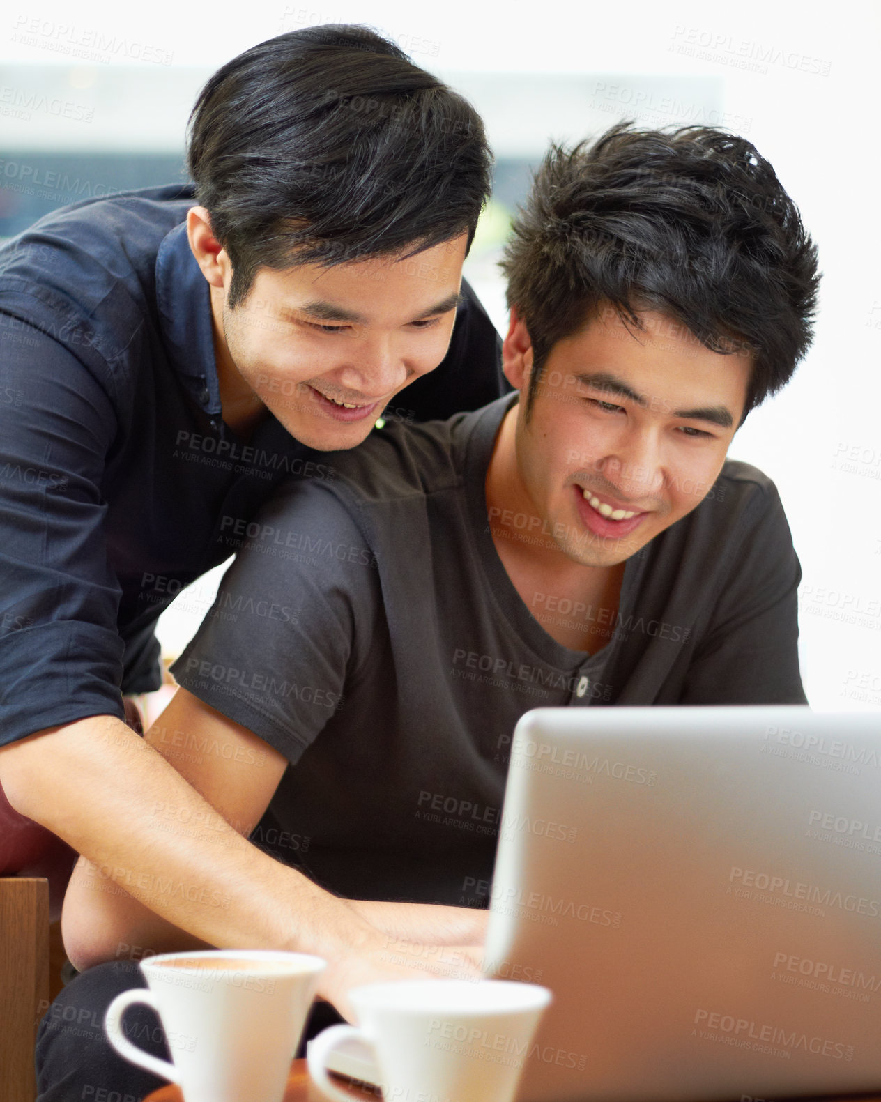 Buy stock photo Happy, email and a gay couple with a laptop for a movie, internet search or reading web research. Smile, love and Asian men with a computer for online information, movie choice or show together