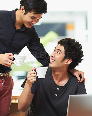 Buy stock photo Partnership, gay couple working with laptop and at their home together happy. Collaboration or teamwork, cheerful or connectivity and bisexual people with computer for social networking or technology