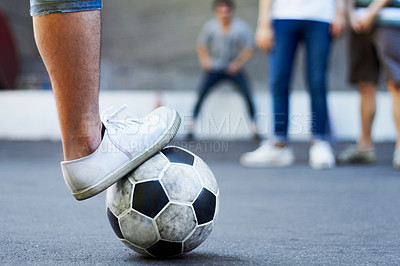 Buy stock photo Soccer ball, closeup and foot with exercise, fitness and competition with training, workout and health. Zoom, feet and team with match, football and sports with shoes, growth and athlete in a game