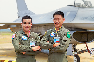 Buy stock photo Portrait of men, fighter pilot team in military with jet and smile at airforce base with arms crossed in Korea. Freedom, transport and proud Asian soldier with airplane, confident and service in army