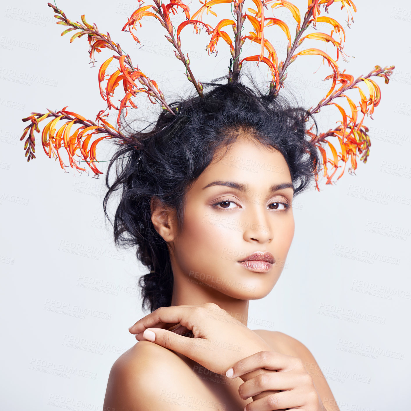 Buy stock photo Studio shot of a beautiful young woman with colorful branches in her hair