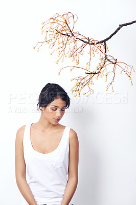 Buy stock photo Woman, tree branch and fashion in studio with thinking, peace and growth in nature by white background. Girl, person or model with leaves, memory or relax with eyes closed for ecology, art or ideas