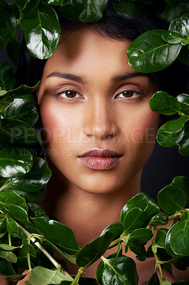 Buy stock photo Studio shot of an attractive young ethnic woman surrounded by leaves