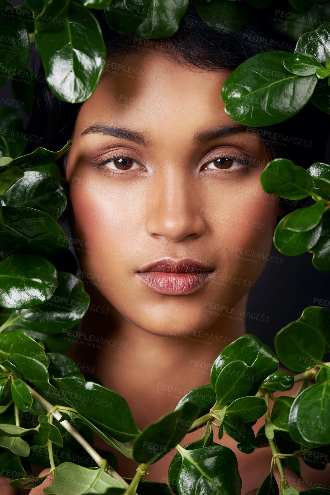 Buy stock photo Studio shot of an attractive young ethnic woman surrounded by leaves