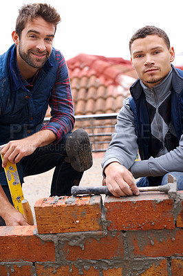 Buy stock photo Building, bricklayer and working with industrial tools, maintenance employee with brick wall for renovation. Contractor, together on building project to layer cement on construction site on rooftop