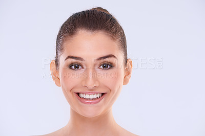 Buy stock photo Portrait, dermatology and makeup with woman, cosmetics and skincare on white studio background. Face detox, person or model with shine, beauty and glowing with wellness or healthy skin with grooming